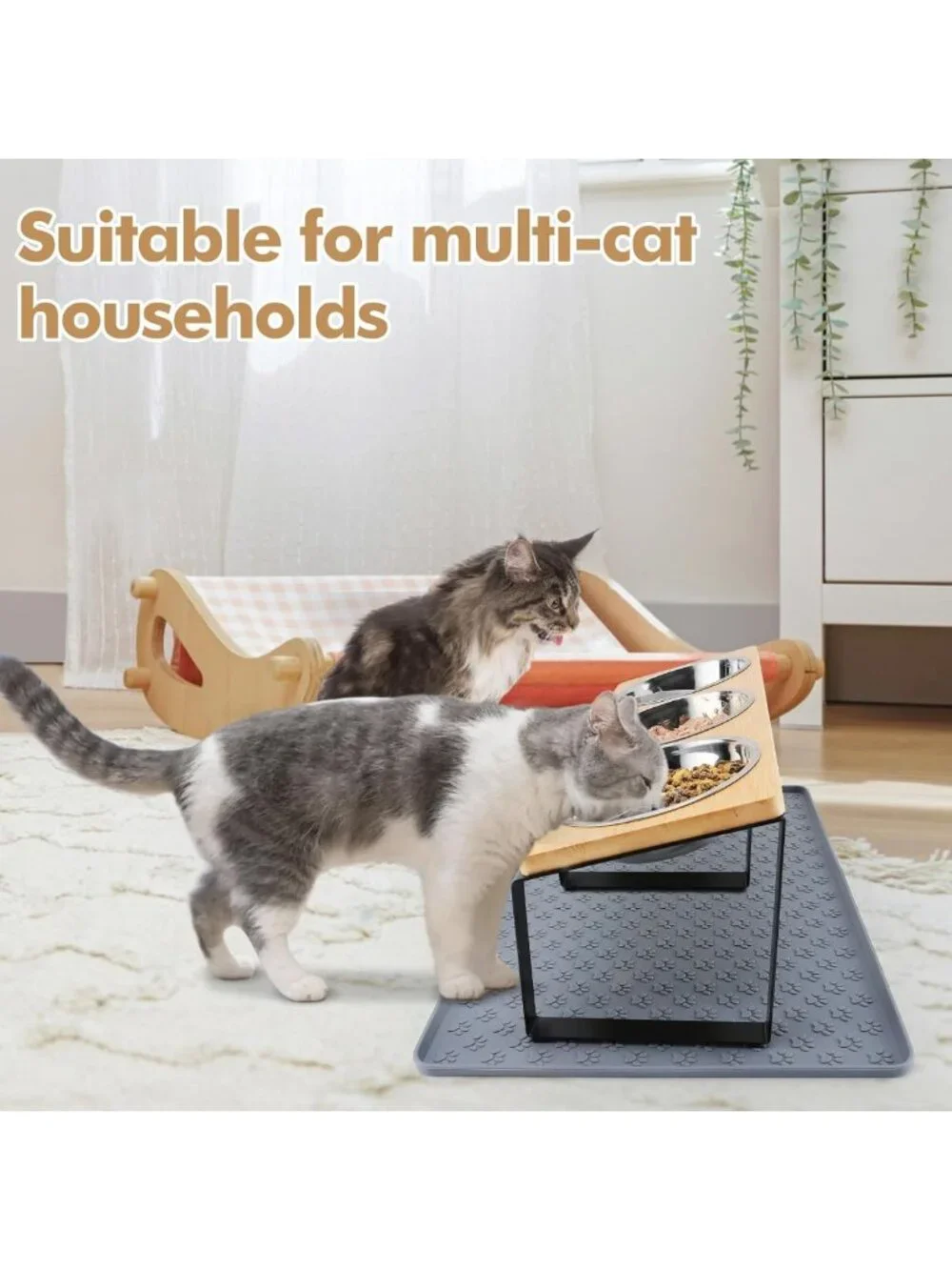 Elevated 15° Cat Bowls with Silicone Mat & 3 Stainless Steel Dishes